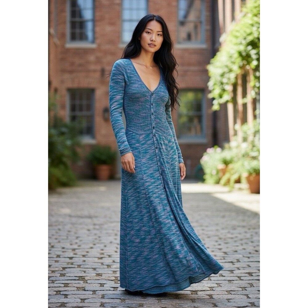 Free People Blue Space Dye Knit Maxi Dress Long Sleeve Button Front Boho Small